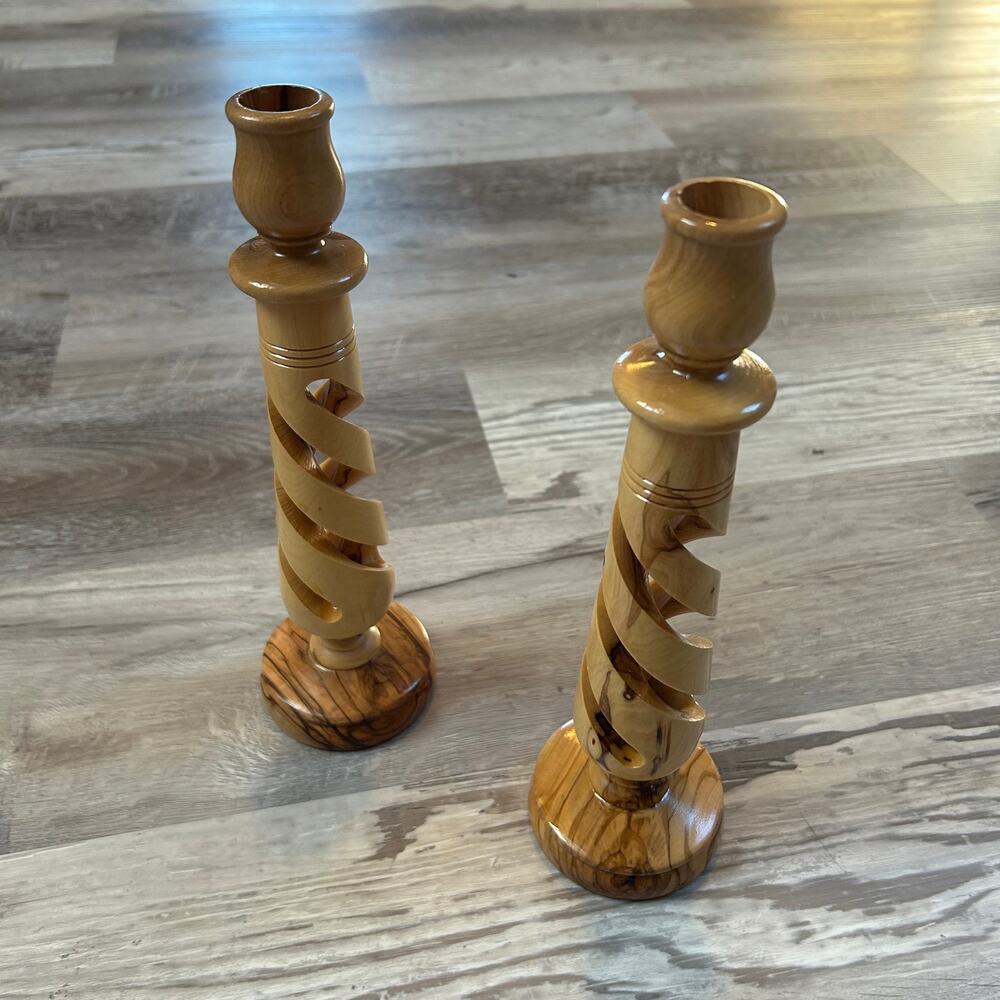 Carved Wood Candlestick Holders Pair Spiral Barley Twist Boho Rustic 10"
